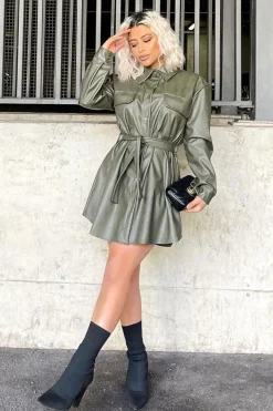 Rebellious Fashion Khaki Faux Leather Belted Shirt Mini Dress - Alese