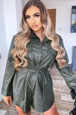 Rebellious Fashion Khaki Faux Leather Belted Shirt Mini Dress - Alese