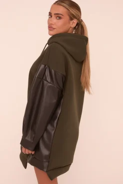 Rebellious Fashion Khaki Faux Leather Long Sleeves Hooded Jumper Dress - Kary