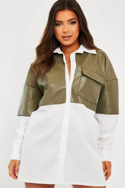 Rebellious Fashion Khaki Faux Leather Panel Shirt Dress - Arriya