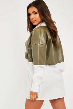 Rebellious Fashion Khaki Faux Leather Panel Shirt Dress - Arriya