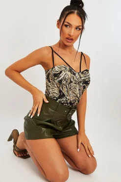 Rebellious Fashion Khaki Marble Satin Corset Top - Nasra