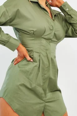 Rebellious Fashion Khaki Tailored Waist Long Sleeve Shirt Dress - Laritza