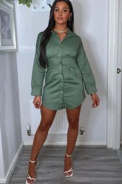 Rebellious Fashion Khaki Tailored Waist Long Sleeve Shirt Dress - Laritza