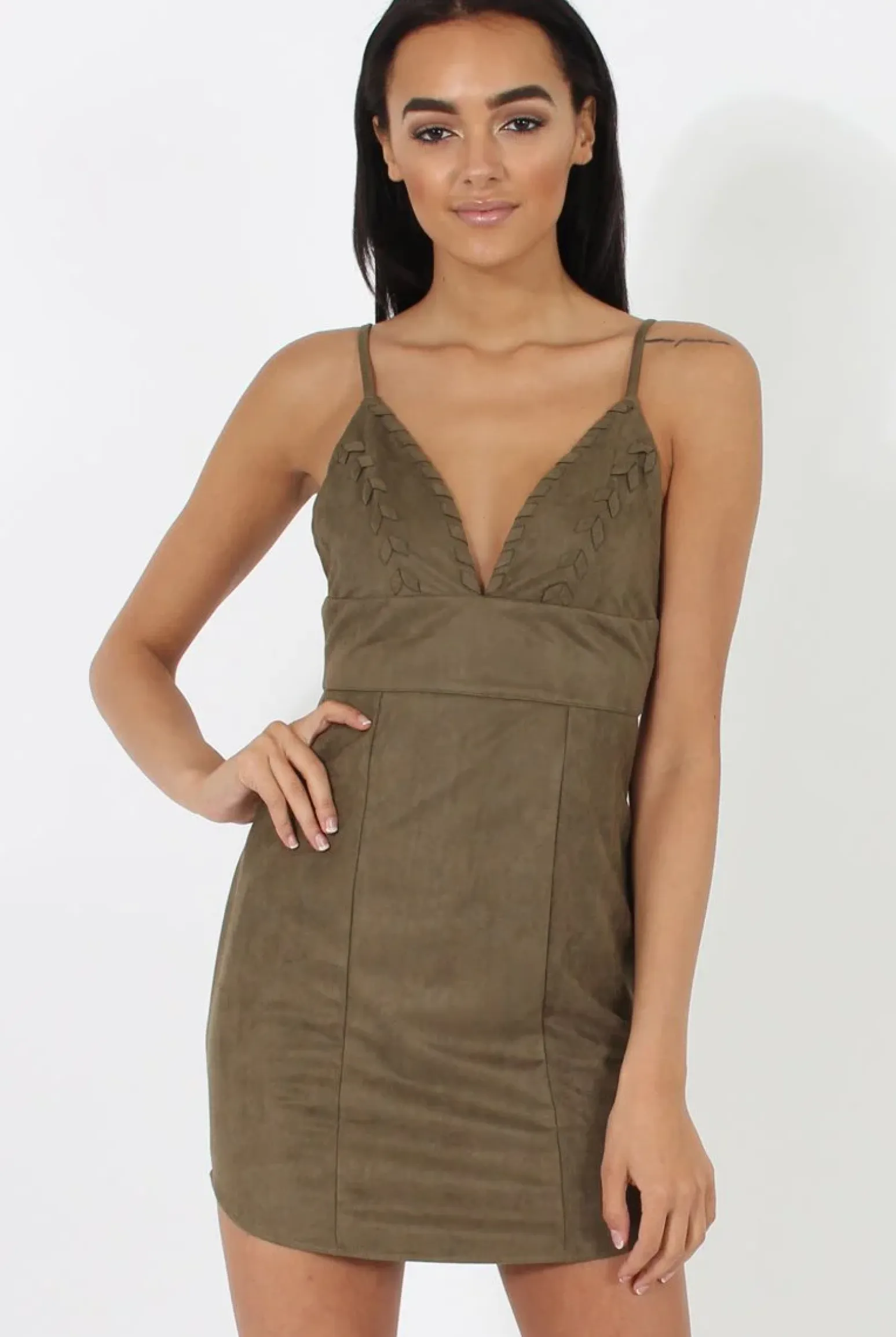 Rebellious Fashion Khaki V Plunge Bodycon Mini Dress - Gwen