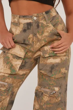 Rebellious Fashion Khaki Abstract Print Cargo Trousers - Faye