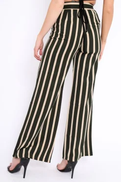 Rebellious Fashion Khaki and Beige Striped High Waist Wide Leg Trousers - Clarabell