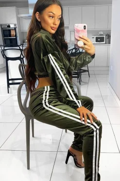 Rebellious Fashion Khaki And White Stripe Velour Cropped Tracksuit - Deymi