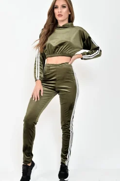 Rebellious Fashion Khaki And White Stripe Velour Cropped Tracksuit - Deymi