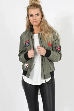 Rebellious Fashion Khaki Badge Detail Bomber Jacket - Suzy