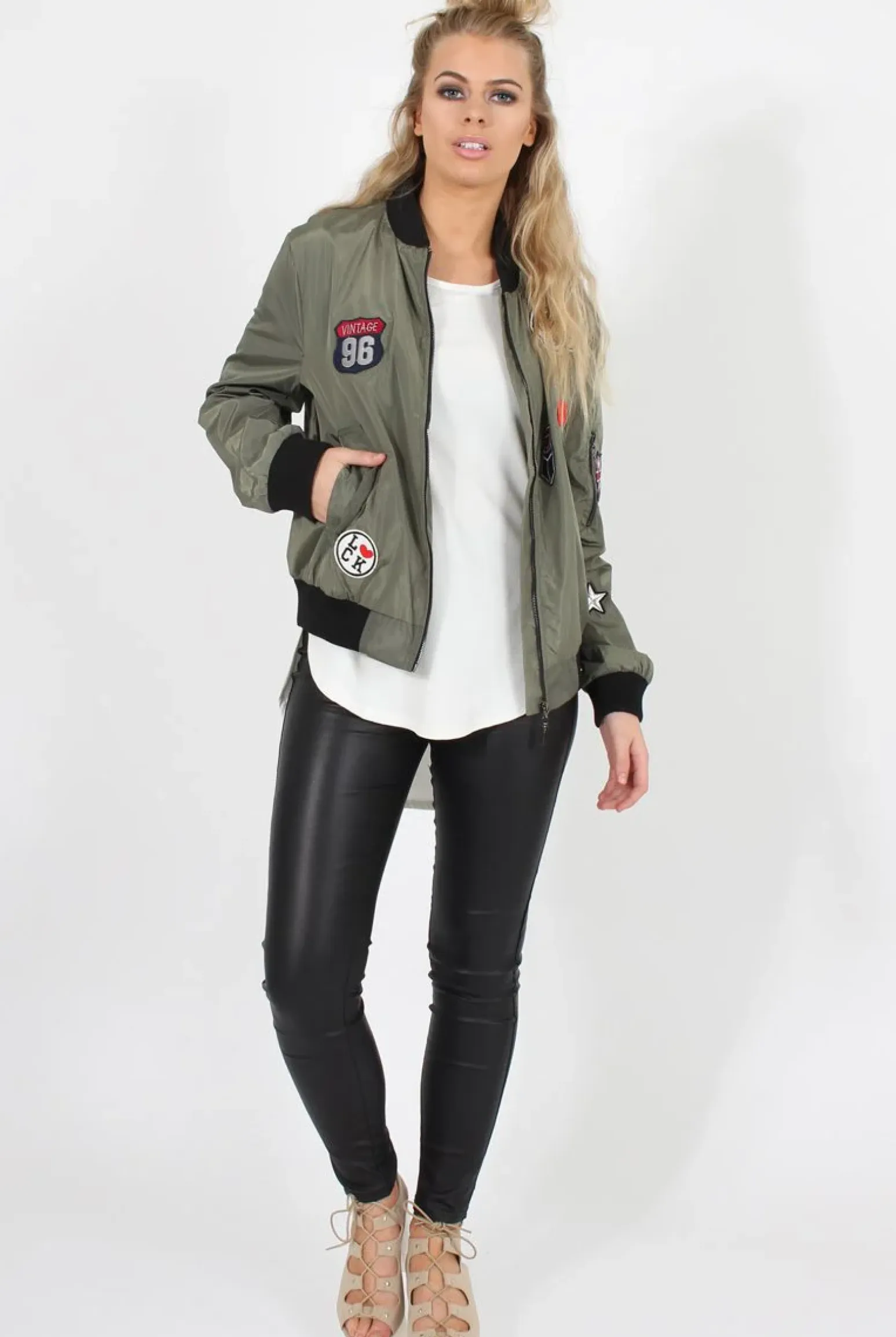 Rebellious Fashion Khaki Badge Detail Bomber Jacket - Suzy