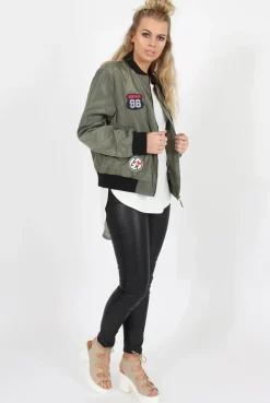 Rebellious Fashion Khaki Badge Detail Bomber Jacket - Suzy
