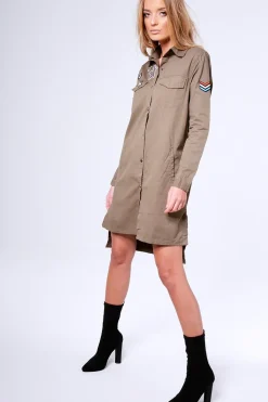 Rebellious Fashion Khaki Badge Embroidered Utility Shirt Dress - Alicia