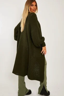 Rebellious Fashion Khaki Balloon Sleeve Maxi Knit Cardigan - Imara