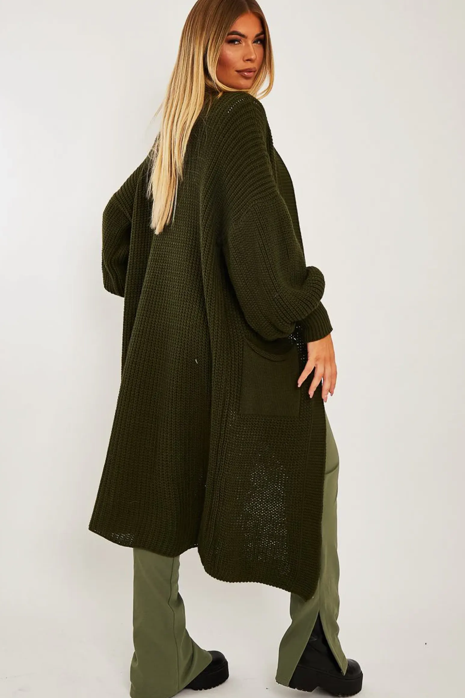 Rebellious Fashion Khaki Balloon Sleeve Maxi Knit Cardigan - Imara