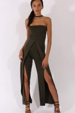 Rebellious Fashion Khaki Bandeau Choker Split Detail Jumpsuit - Rosy
