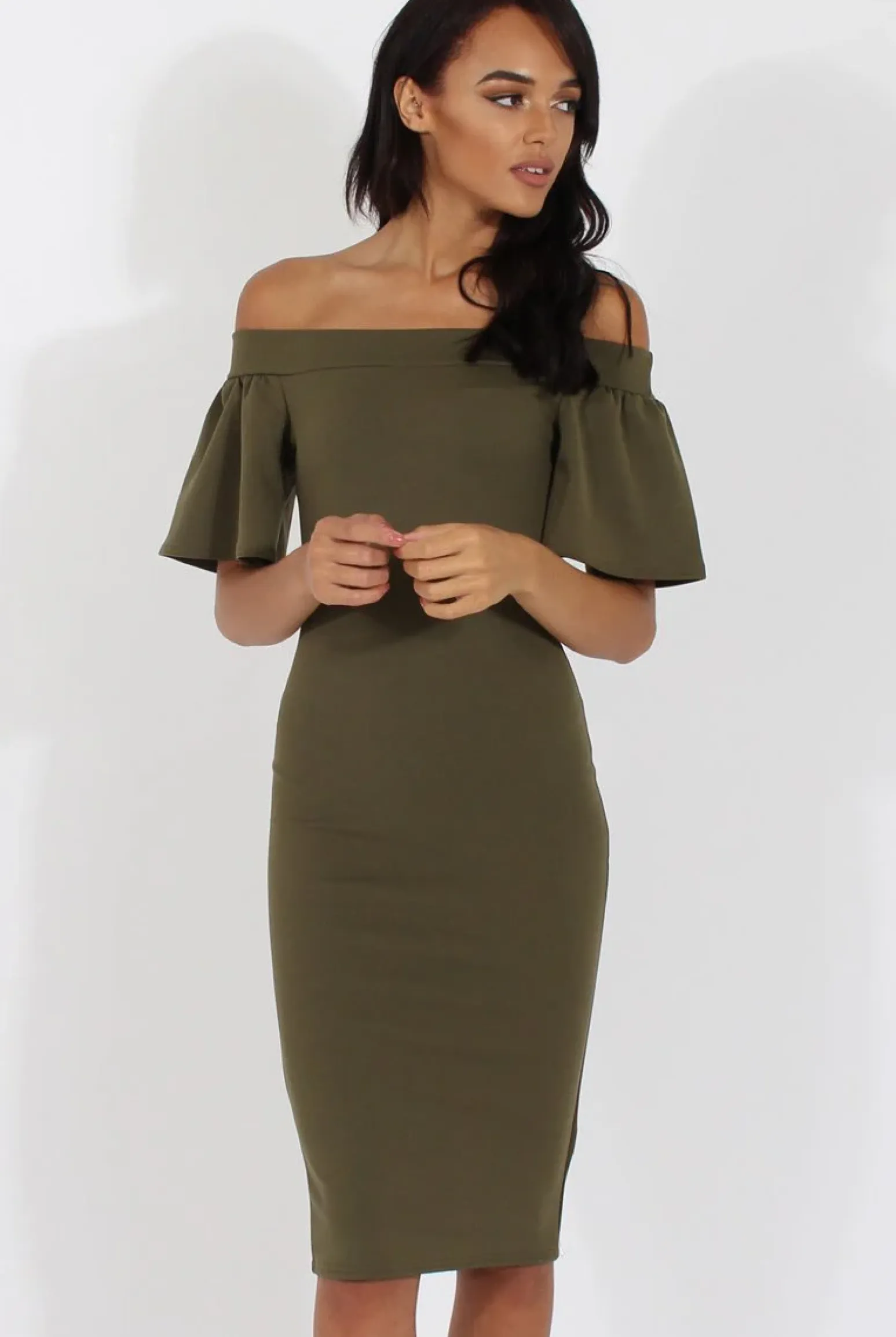 Rebellious Fashion Khaki Bardot Bodycon Midi Dress - Cecilia