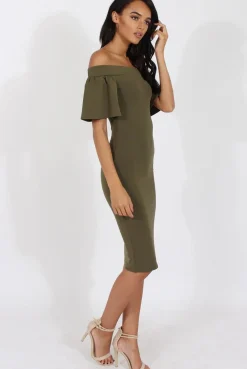 Rebellious Fashion Khaki Bardot Bodycon Midi Dress - Cecilia