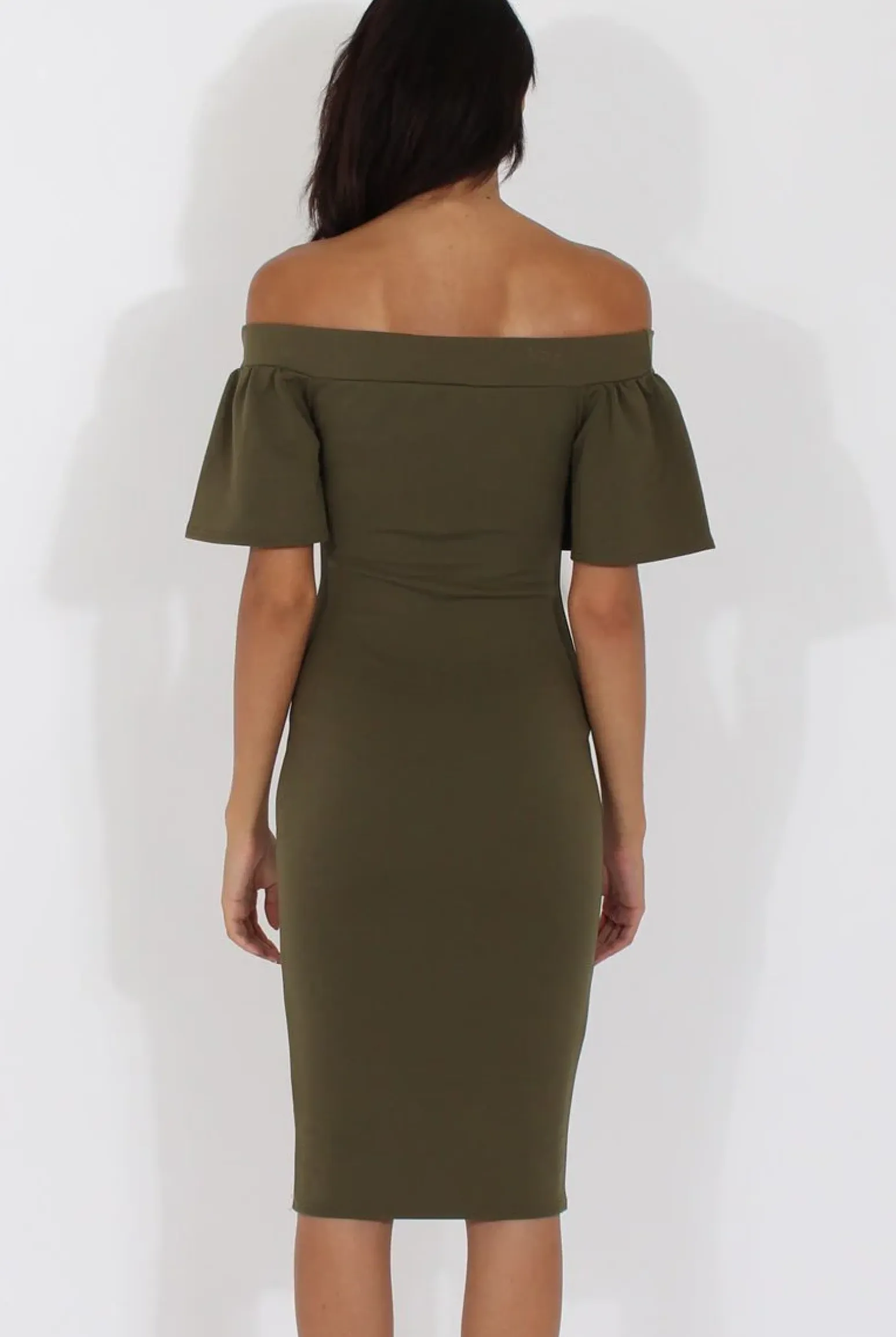 Rebellious Fashion Khaki Bardot Bodycon Midi Dress - Cecilia