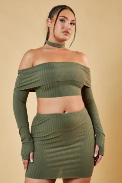 Rebellious Fashion Khaki Bardot Choker Neck Cropped Top & Mini Skirt Co-ord Set - Carla