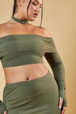 Rebellious Fashion Khaki Bardot Choker Neck Cropped Top & Mini Skirt Co-ord Set - Carla