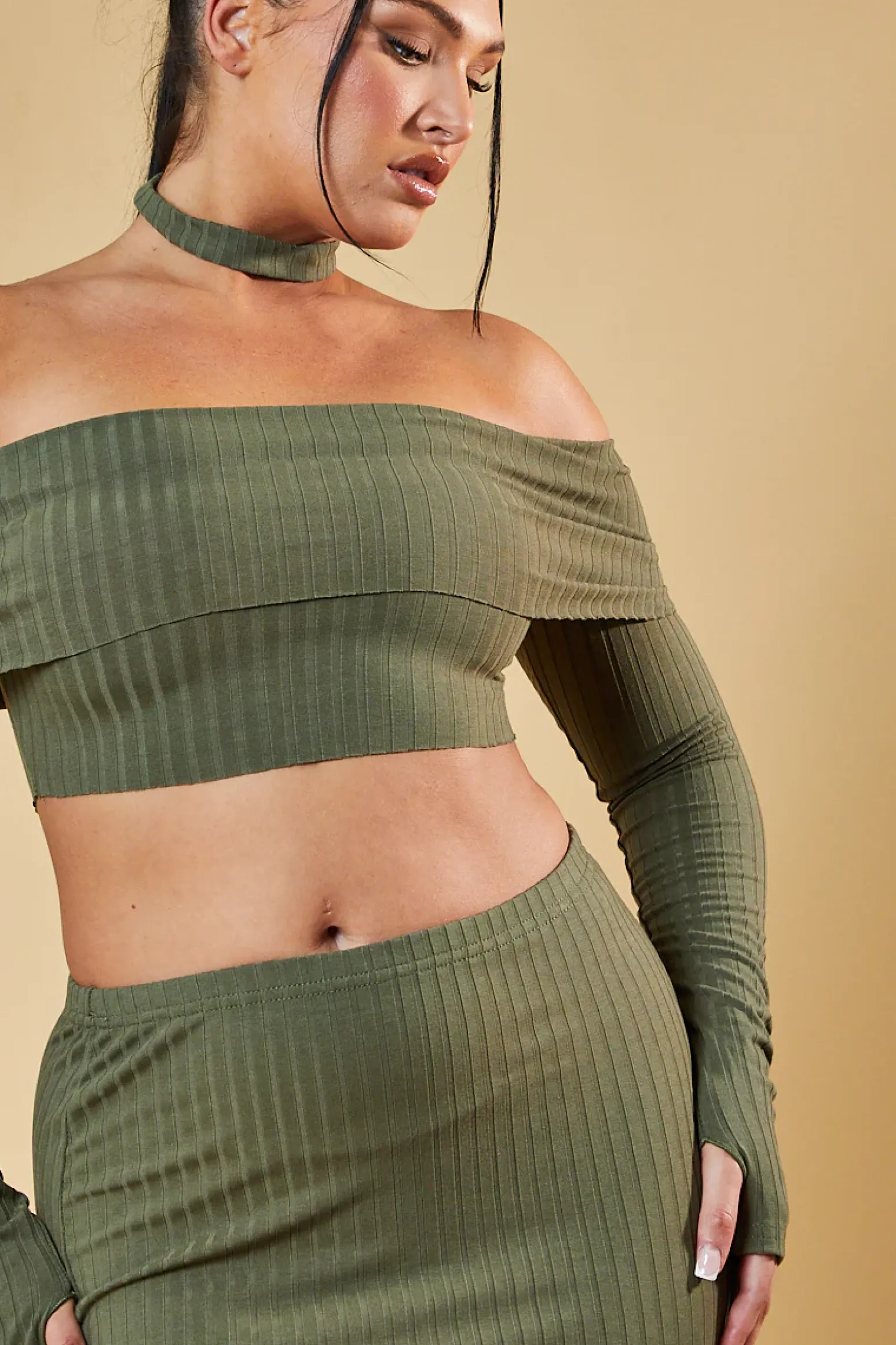 Rebellious Fashion Khaki Bardot Choker Neck Cropped Top & Mini Skirt Co-ord Set - Carla