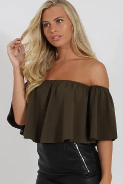 Rebellious Fashion Khaki Bardot Crop Top - Bryony