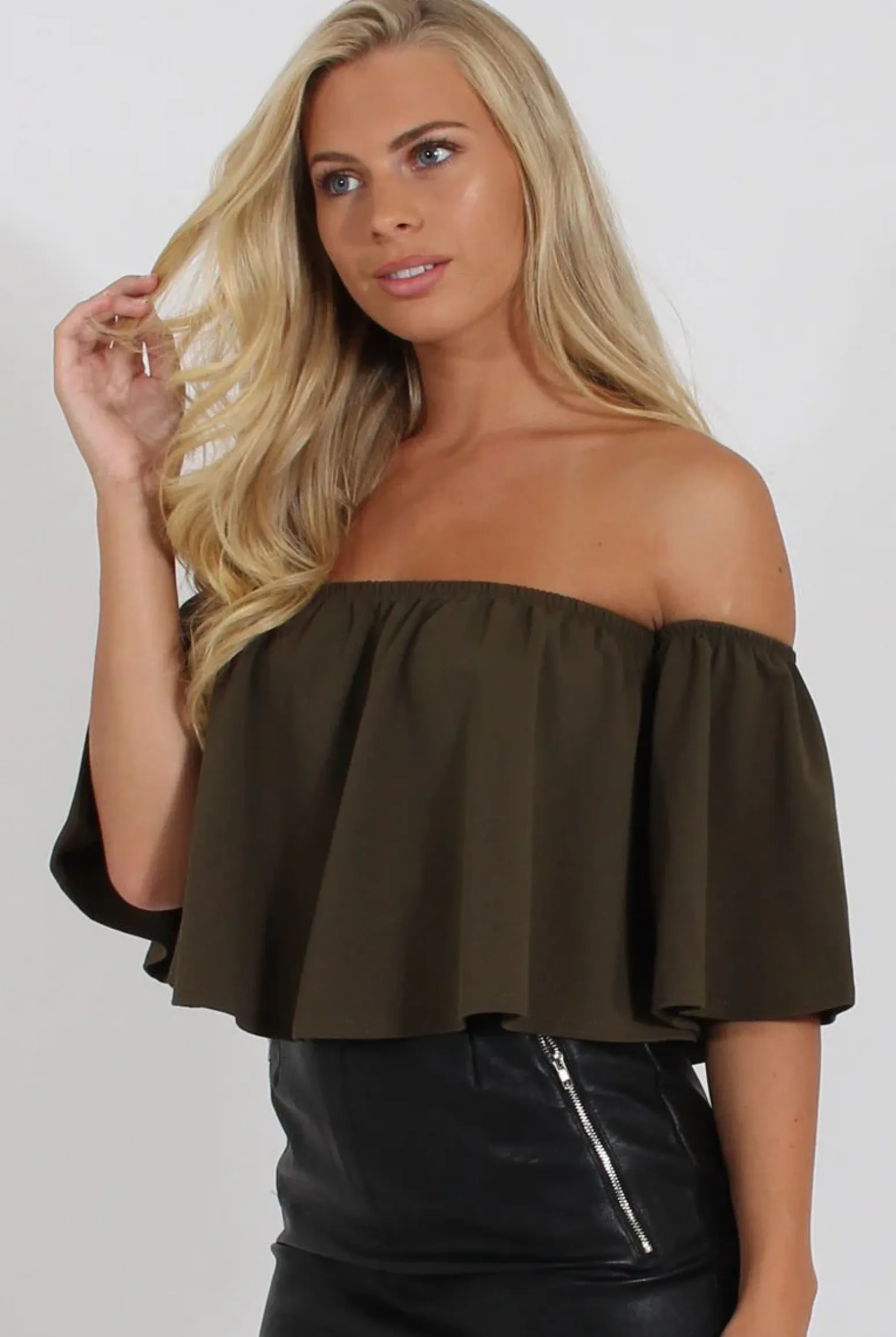 Rebellious Fashion Khaki Bardot Crop Top - Bryony