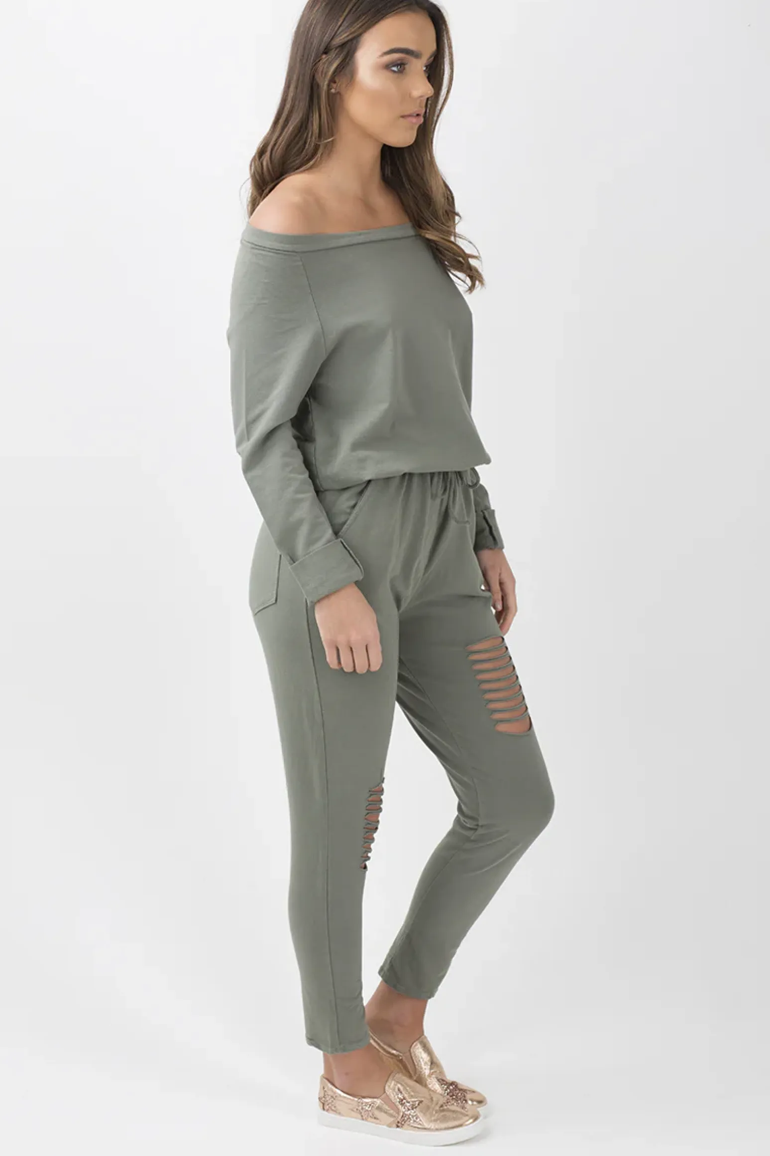 Rebellious Fashion Khaki Bardot Distressed Jumpsuit - Bethan