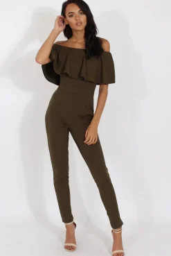 Rebellious Fashion Khaki Bardot Fitted Jumpsuit - Bridget
