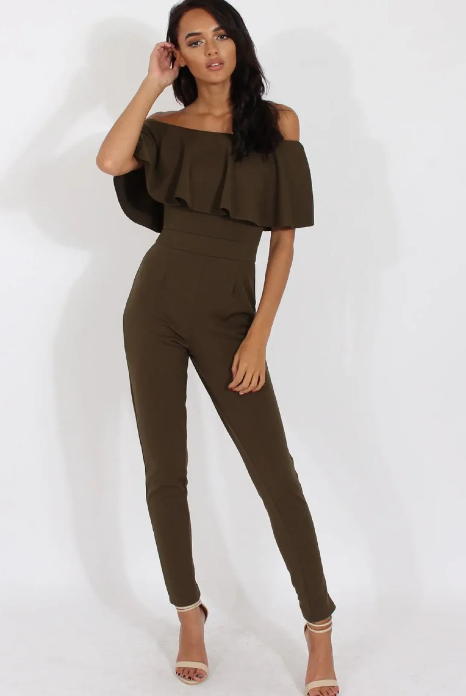 Rebellious Fashion Khaki Bardot Fitted Jumpsuit - Bridget