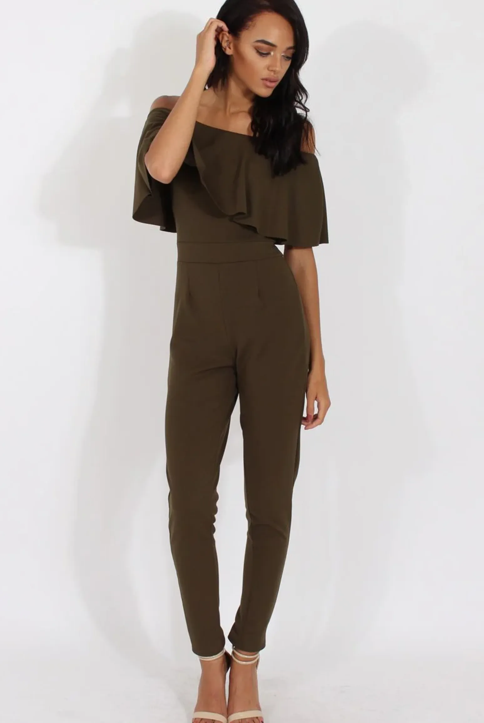 Rebellious Fashion Khaki Bardot Fitted Jumpsuit - Bridget