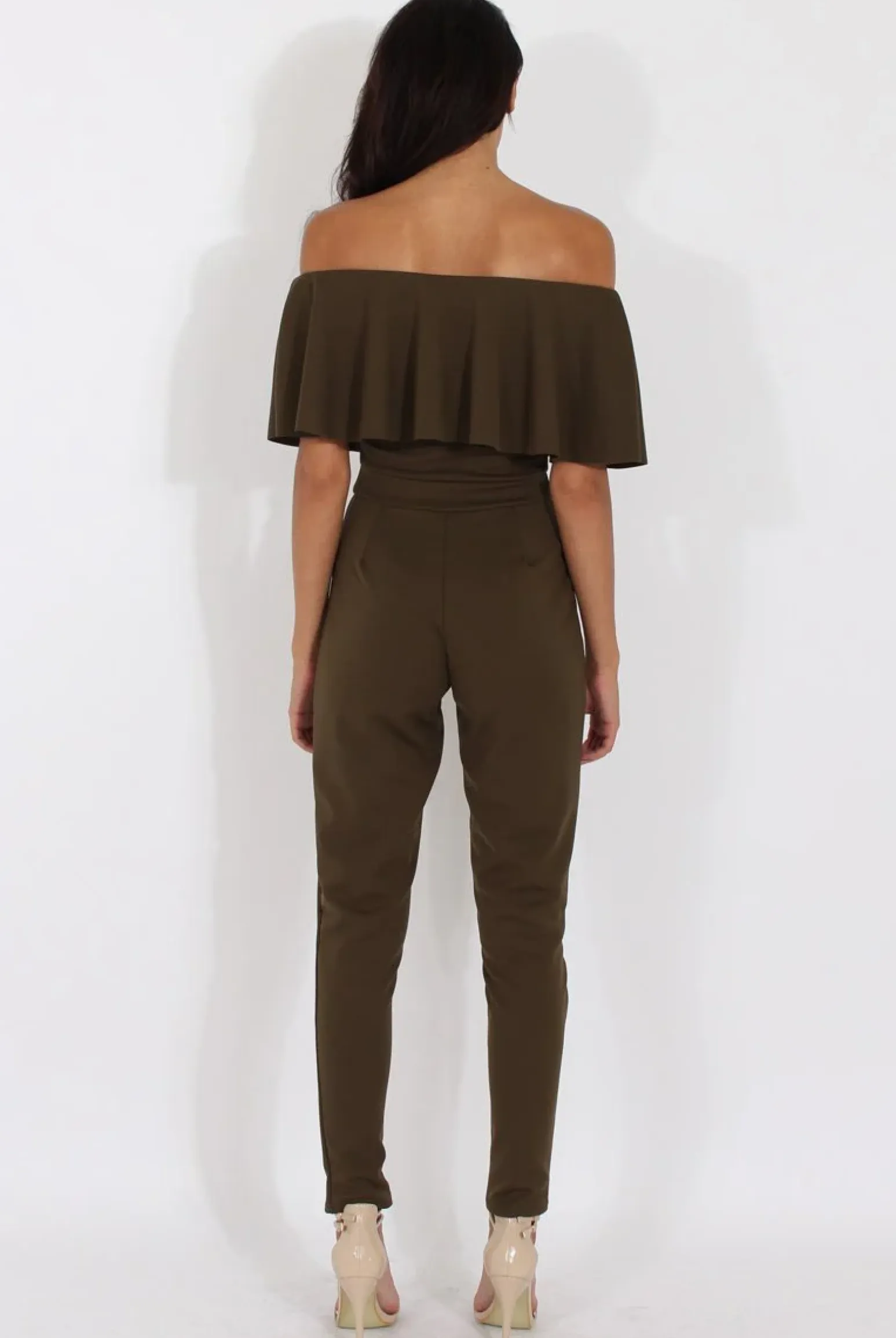 Rebellious Fashion Khaki Bardot Fitted Jumpsuit - Bridget