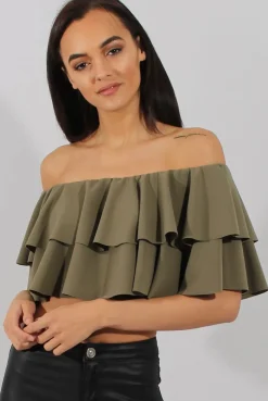 Rebellious Fashion Khaki Bardot Frill Crop Top - Flissy