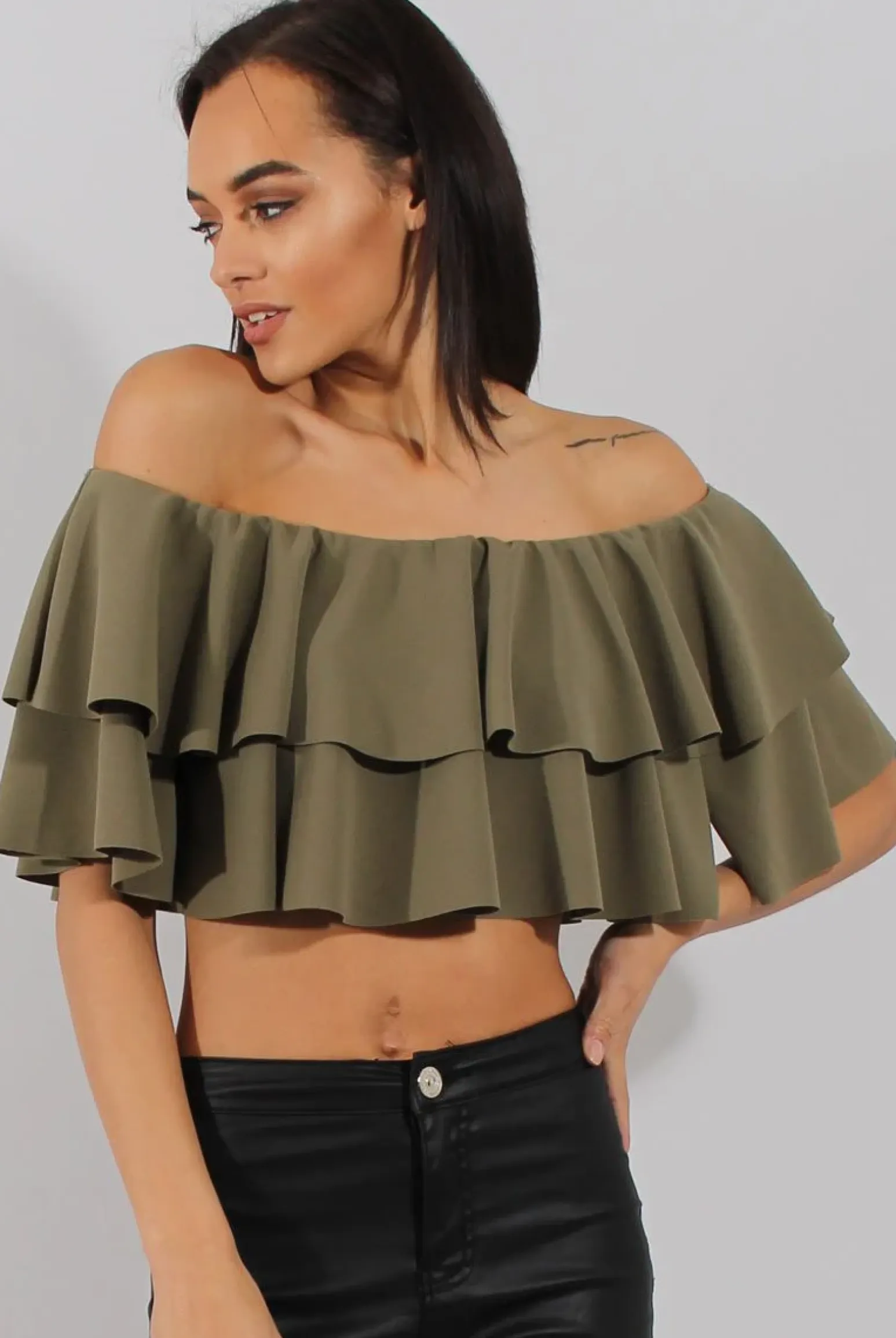 Rebellious Fashion Khaki Bardot Frill Crop Top - Flissy