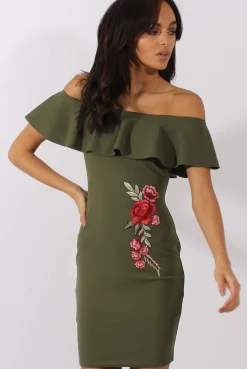 Rebellious Fashion Khaki Bardot Frill Embroidered Dress - Jasmine