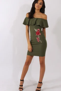 Rebellious Fashion Khaki Bardot Frill Embroidered Dress - Jasmine