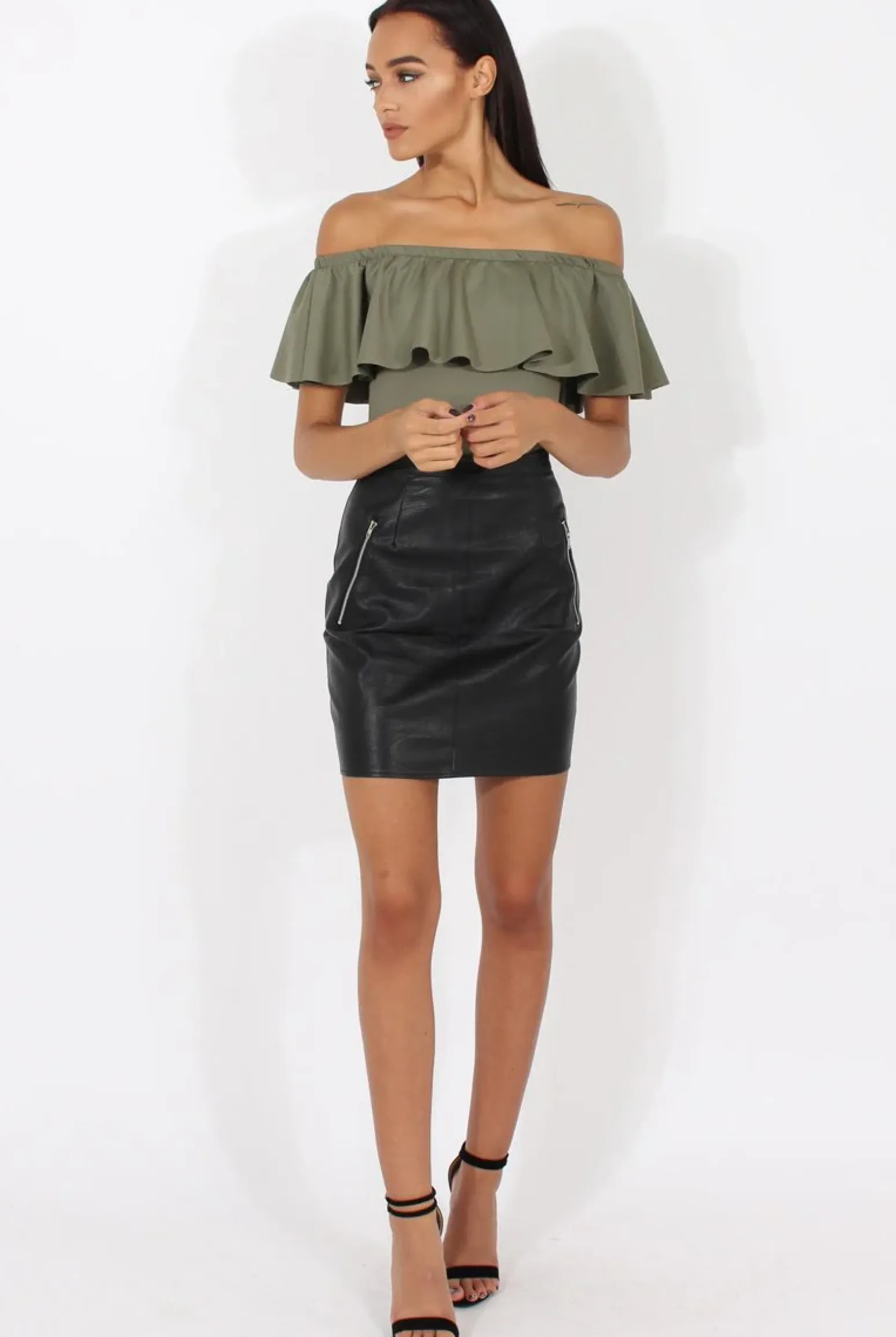 Rebellious Fashion Khaki Bardot Frill Layer Bodysuit - Olga