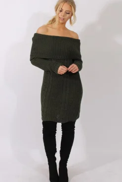 Rebellious Fashion Khaki Bardot Heavy Knit Jumper Dress - Suzy