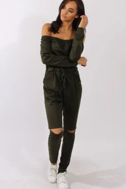 Rebellious Fashion Khaki Bardot Split Knee Jumpsuit - Coran