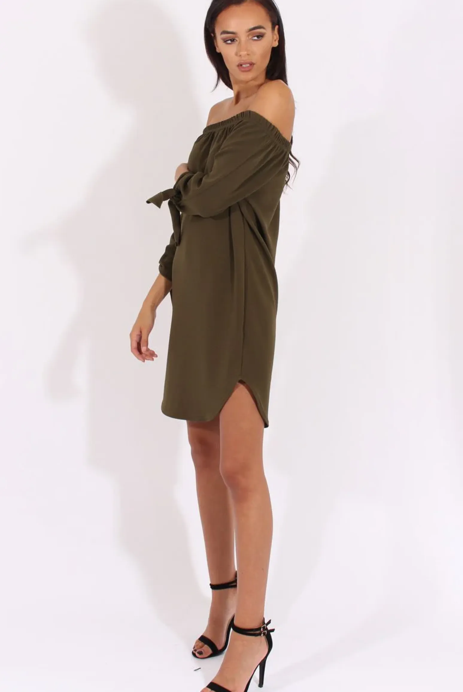 Rebellious Fashion Khaki Bardot Tie Cuffs Dress - Whitney