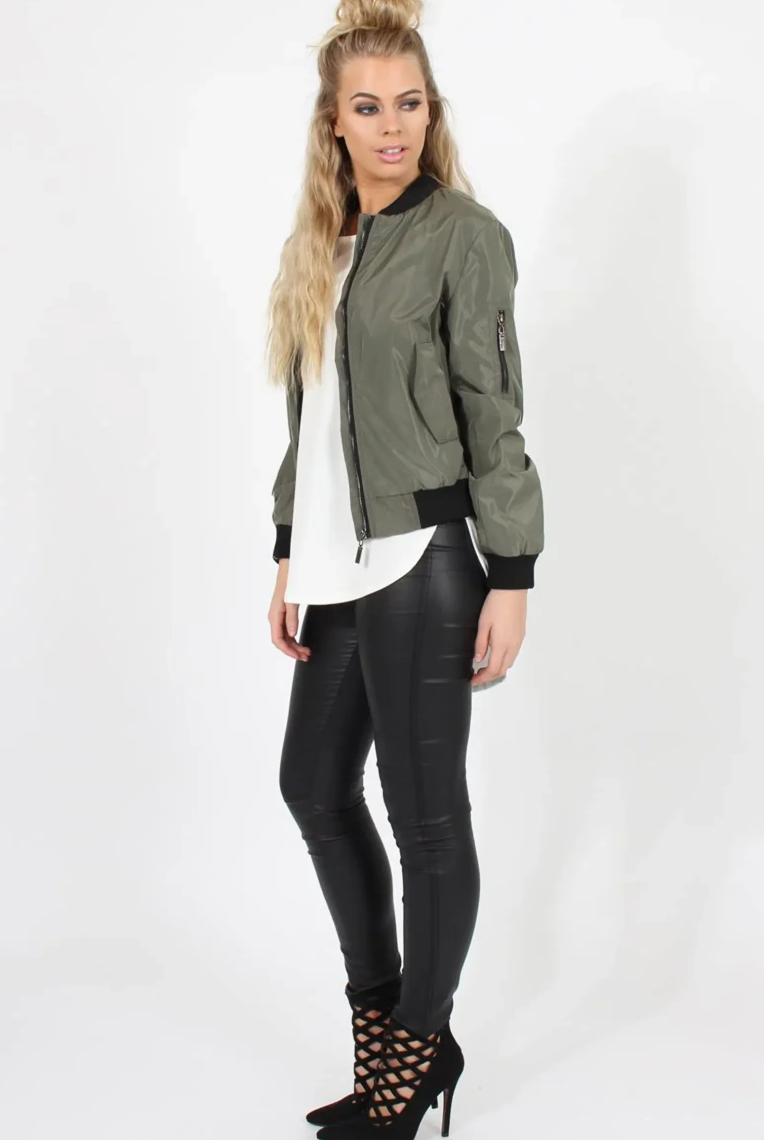 Rebellious Fashion Khaki Black Zip Bomber Jacket - Minah