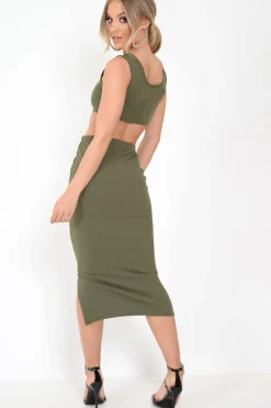 Rebellious Fashion Khaki Bodycon Skirt And Crop Top Co-Ord - Loyola