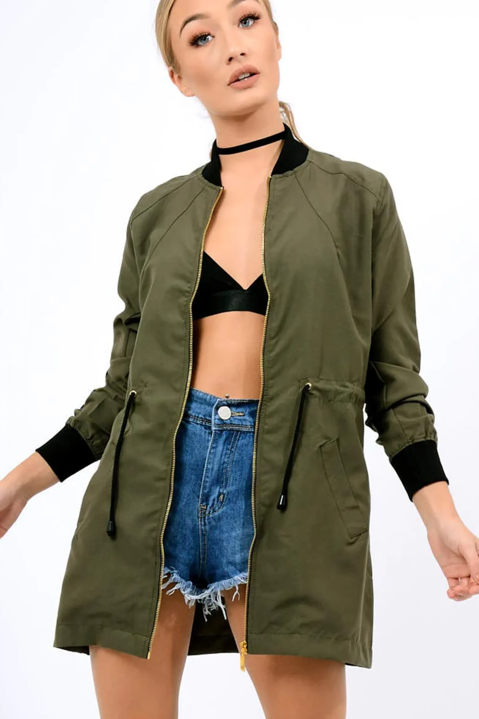 Rebellious Fashion Khaki Bomber Style Long Jacket - Brea