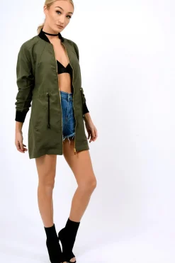 Rebellious Fashion Khaki Bomber Style Long Jacket - Brea