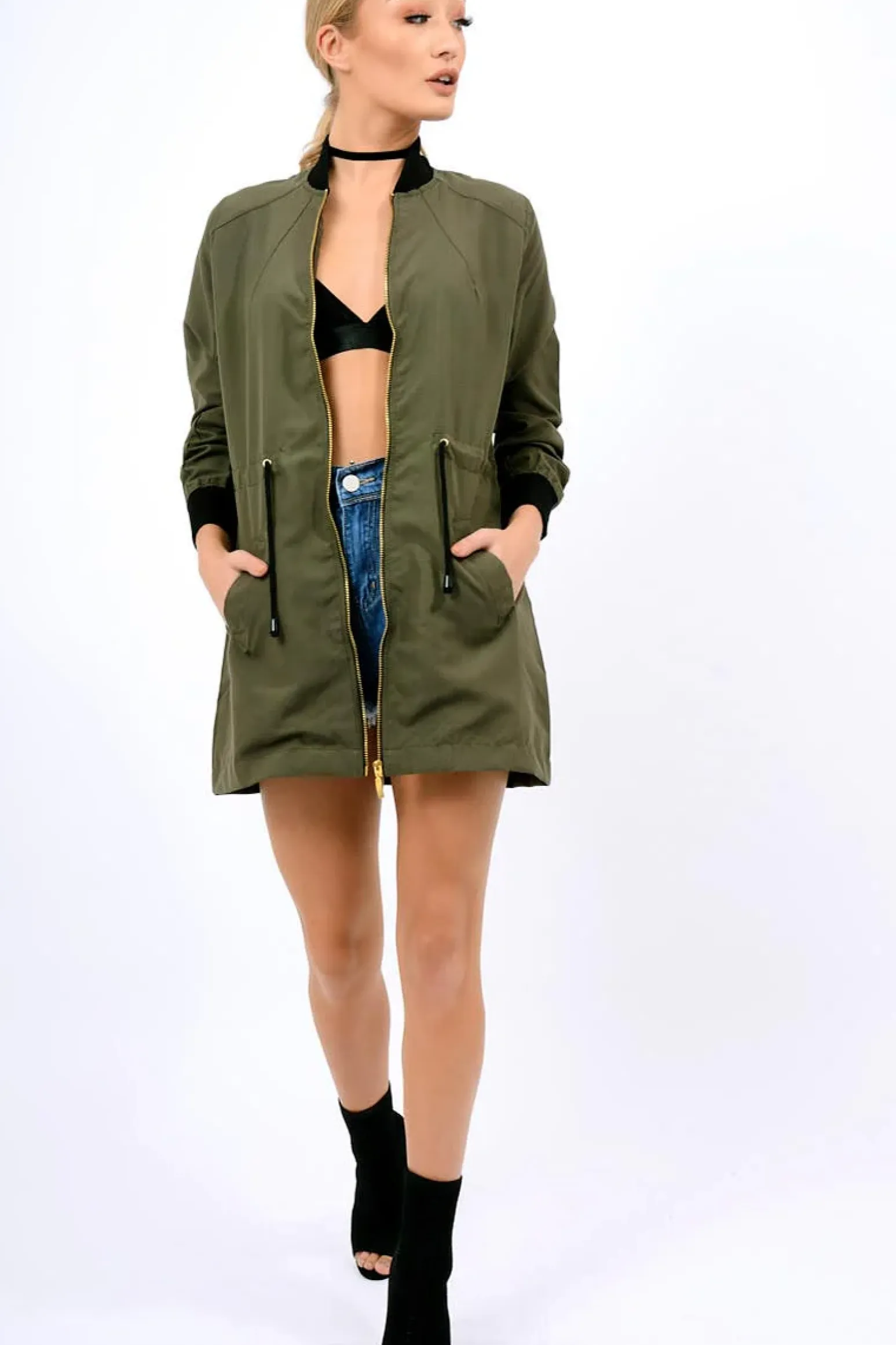 Rebellious Fashion Khaki Bomber Style Long Jacket - Brea