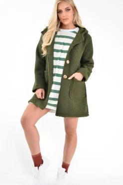 Rebellious Fashion Khaki Borg Button Front Hooded Coat - Idaliz