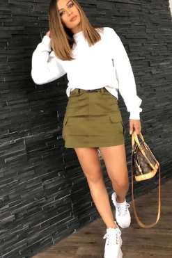 Rebellious Fashion Khaki Buckle Front Woven Utility Mini Skirt - Cally