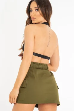 Rebellious Fashion Khaki Buckle Front Woven Utility Mini Skirt - Cally