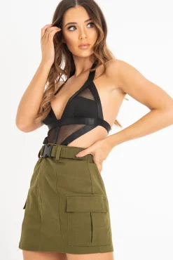 Rebellious Fashion Khaki Buckle Front Woven Utility Mini Skirt - Cally